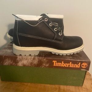 White and Black Timberland Boots